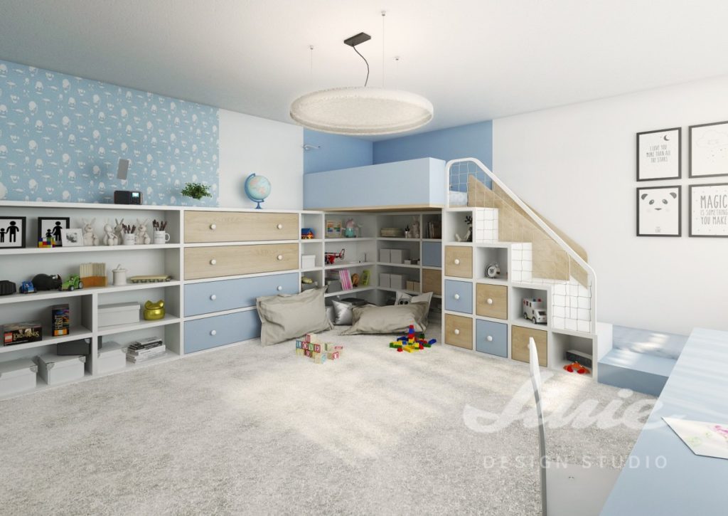 Dětský pokoj s pastelově modrými detaily