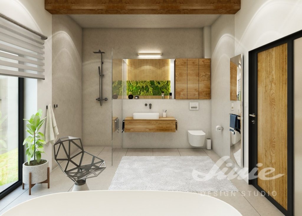 Moderní koupelna s dřevěným detailem a bílým kobercem
