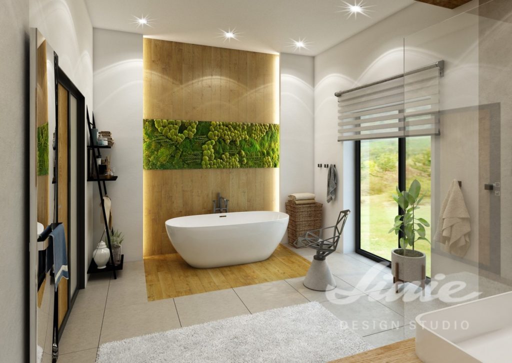 Moderní koupelna s dřevěným detailem