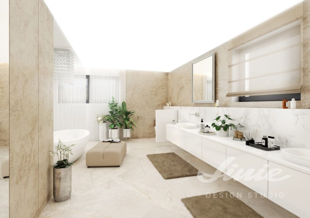 Moderní koupelna s bílými úložnými prostorami a béžovými prvky