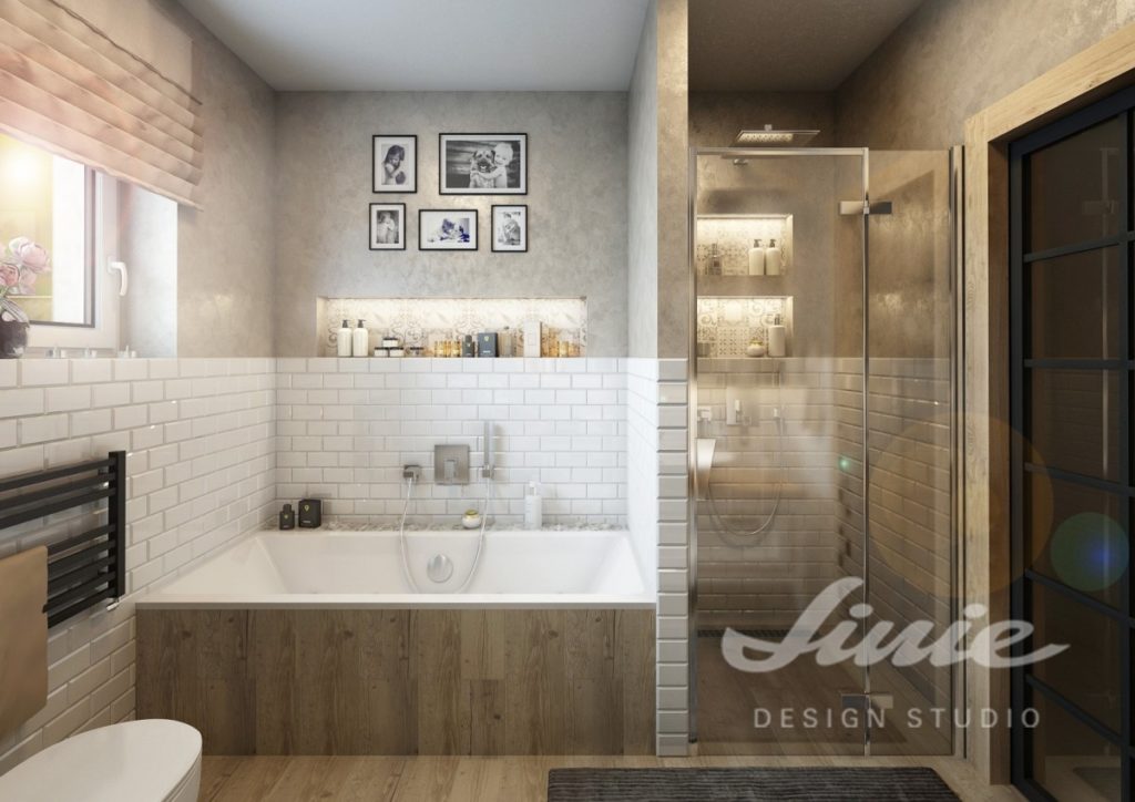 Moderní koupelna s bílými kachličkami a proskleným sprchovým koutem