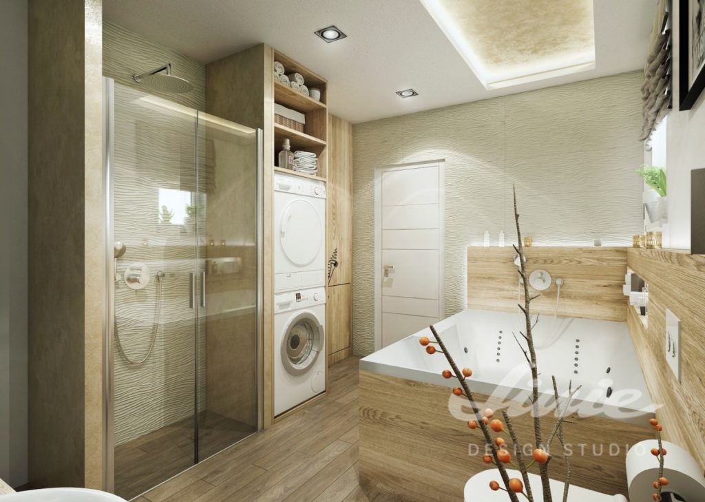 Moderní koupelna zařízena ve světlém stylu s dřevěnými prvky