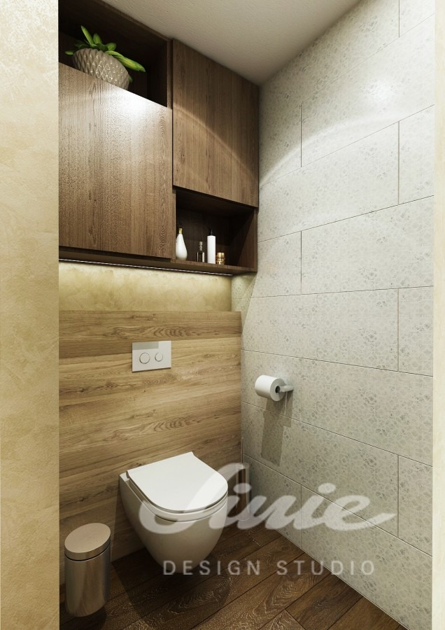 Moderní koupelna s dřevěnými prvky toaleta