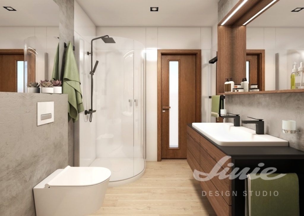 Moderní koupelna s proskleným sprchovým koutem a prvky ze světlého a tmavého dřeva