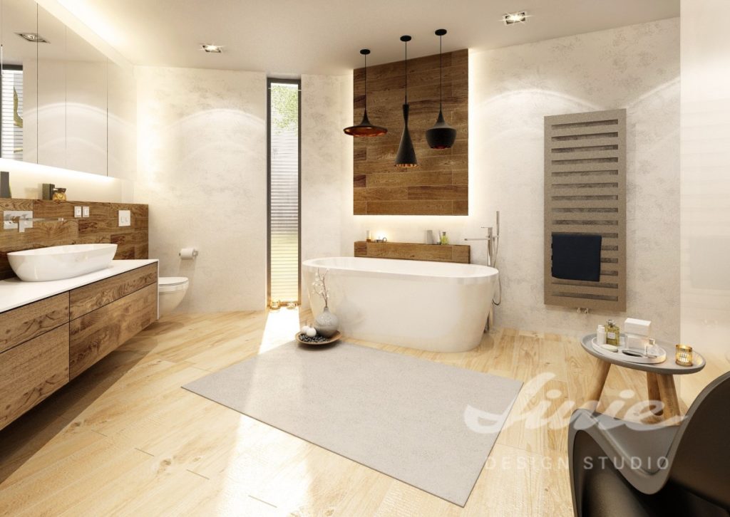 Moderní koupelna s dřevěnými a černými detaily