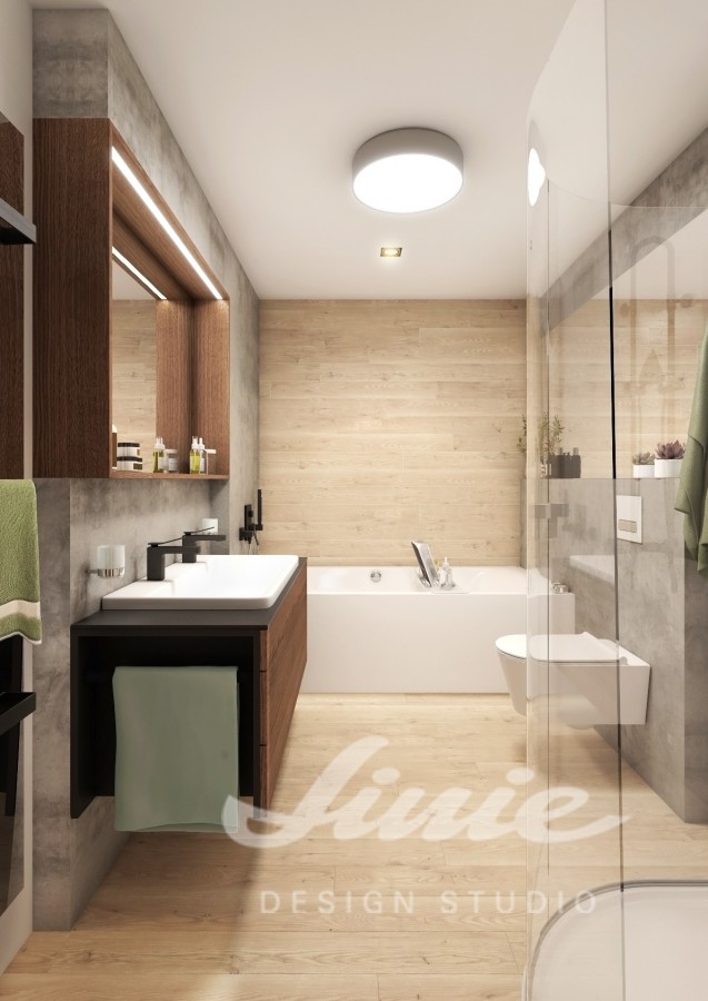 Moderní koupelna se stěnou a podlahou ze světlého dřeva
