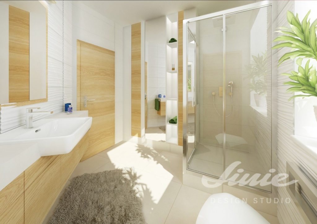 Moderní koupelna s prvky ze světlého dřeva