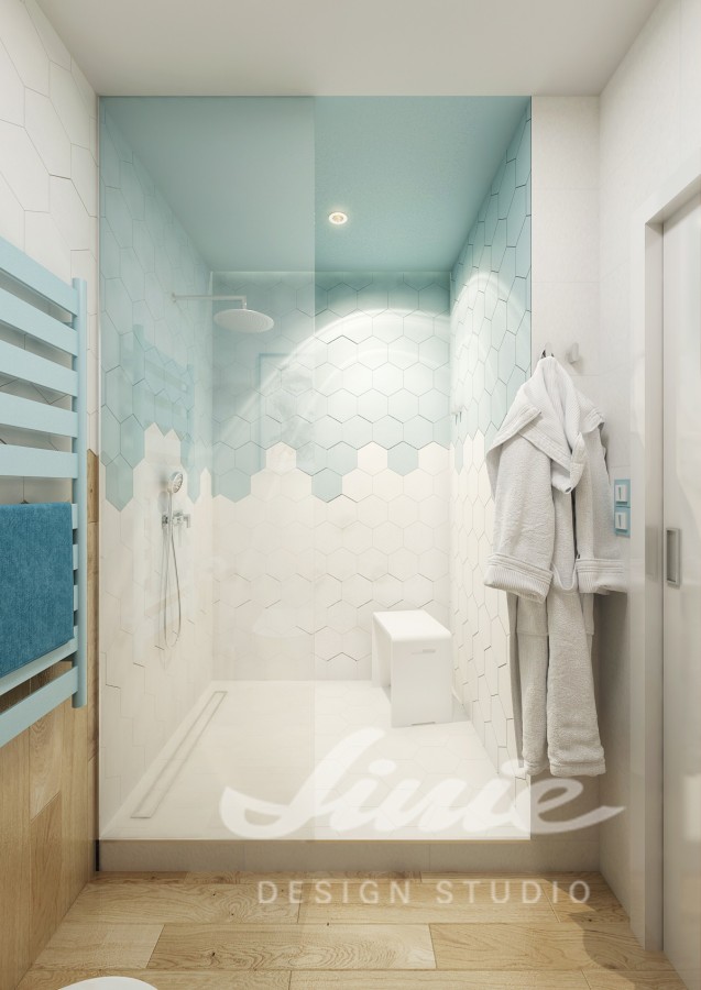Moderní koupelna s bílo modrými prvky