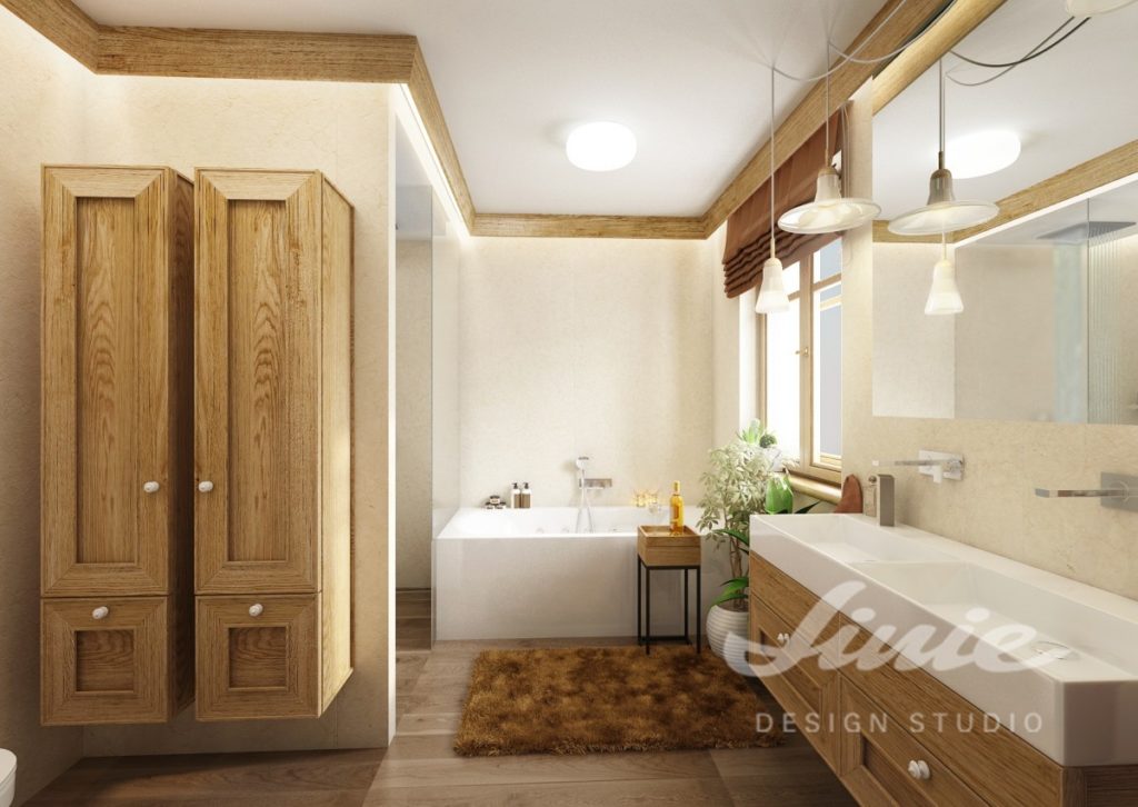 Moderní koupelna se skříňkami ze světlého dřeva