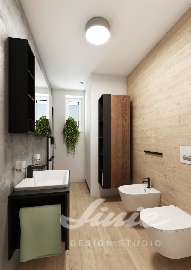 Moderní koupelna se stěnou ze světlého dřeva
