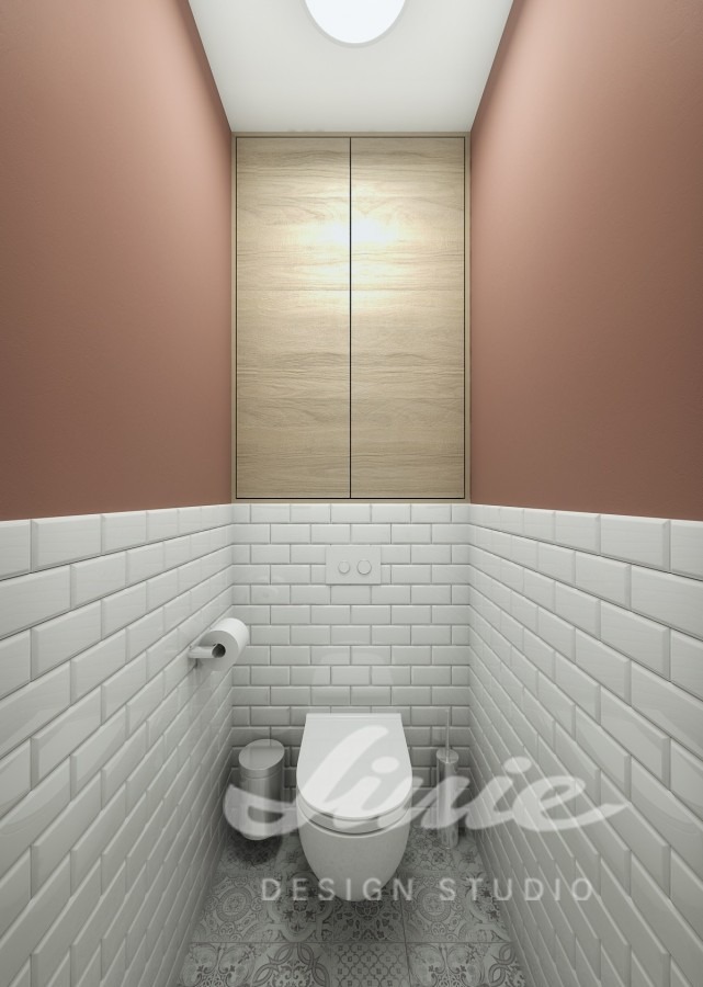 Moderní koupelna s bílými kachličkami a dřevěnou skříňkou