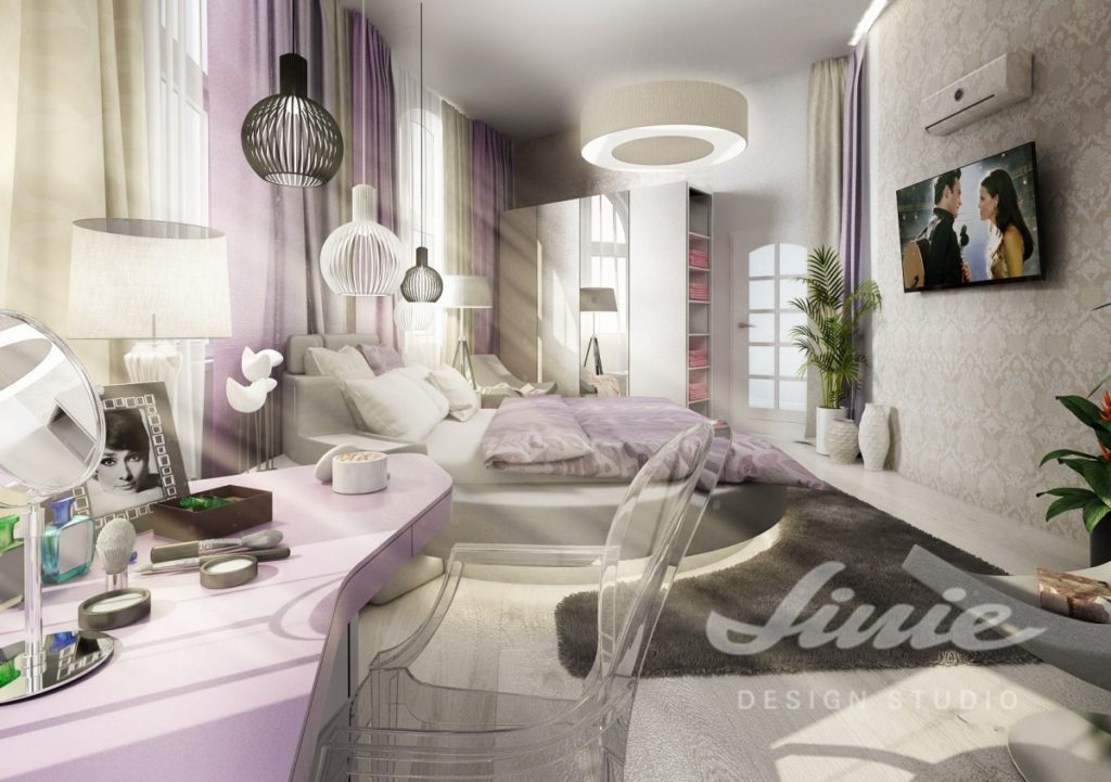 Inspirace pro ložnice v moderním provedení s fialovými detaily