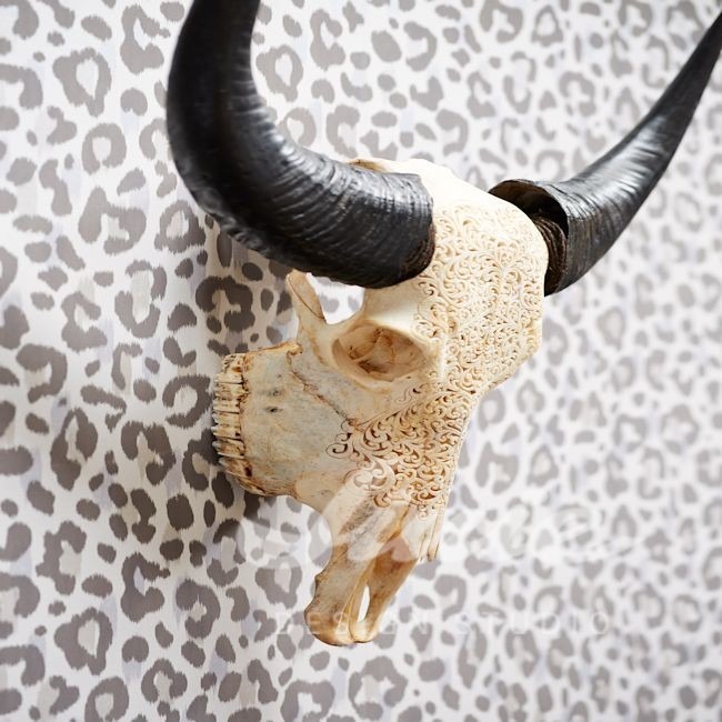 Tapeta na zeď s leopardím vzorem a nástěnná dekorace s rohy