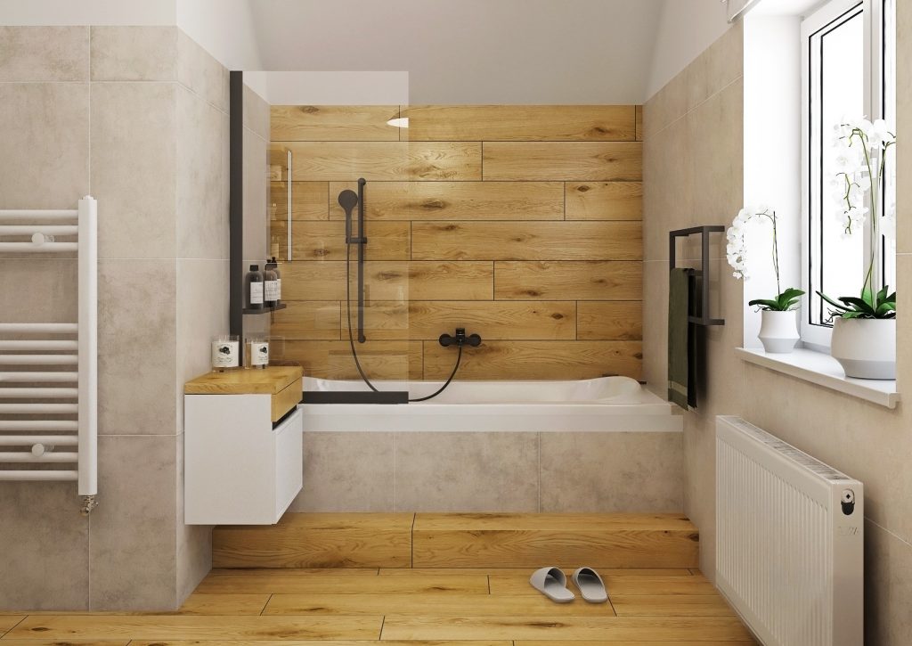 Dřevěný obklad u vany design koupelny