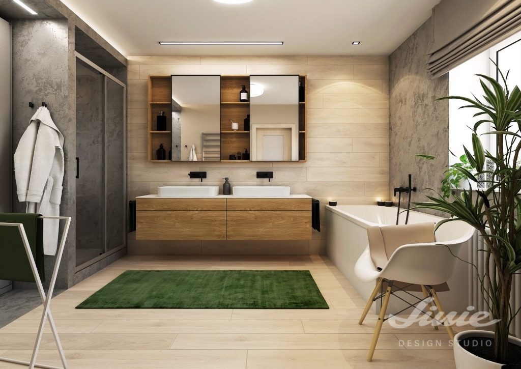 Přírodní koupelna v moderním stylu dřevěná skříňka pod umyvadlo