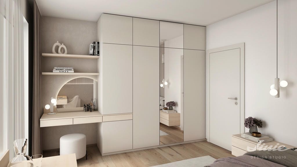 Chytré řešení úložných prostor v dětském pokoji se skrytým toaletním stolkem ve vestavěné skříni.