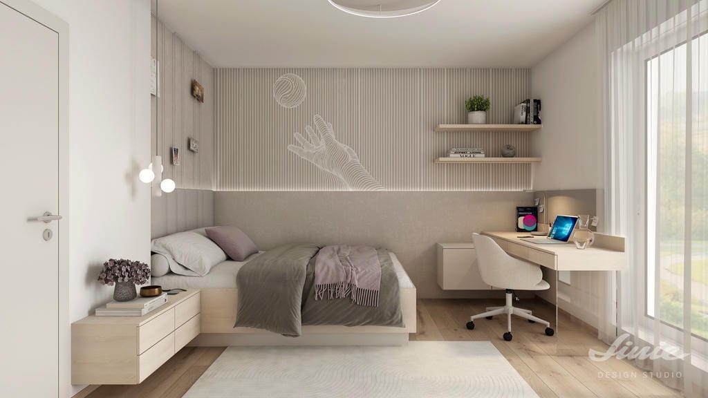 Návrh dětského pokoje pro mladou tenistku s postelí a lamelovou stěnou s grafickým motivem míčku.