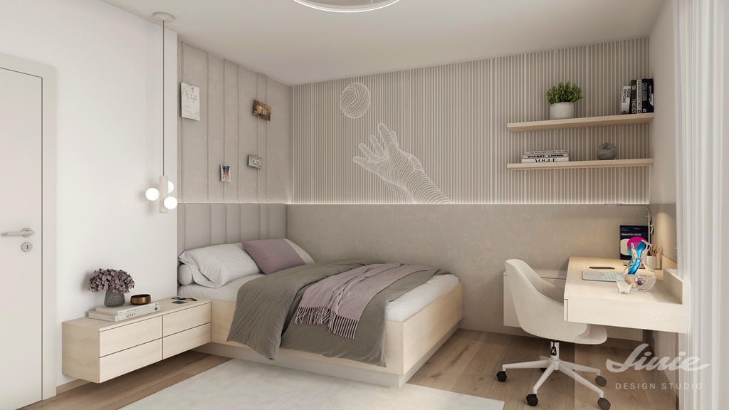 Interiér pokoje pro dívku v jemných barvách s designovou stěnou s podsvícením za pohodlnou postelí.